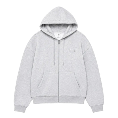 Alo Men’s Accolade Full Zip Hoodie Athletic Heather Grey front product view