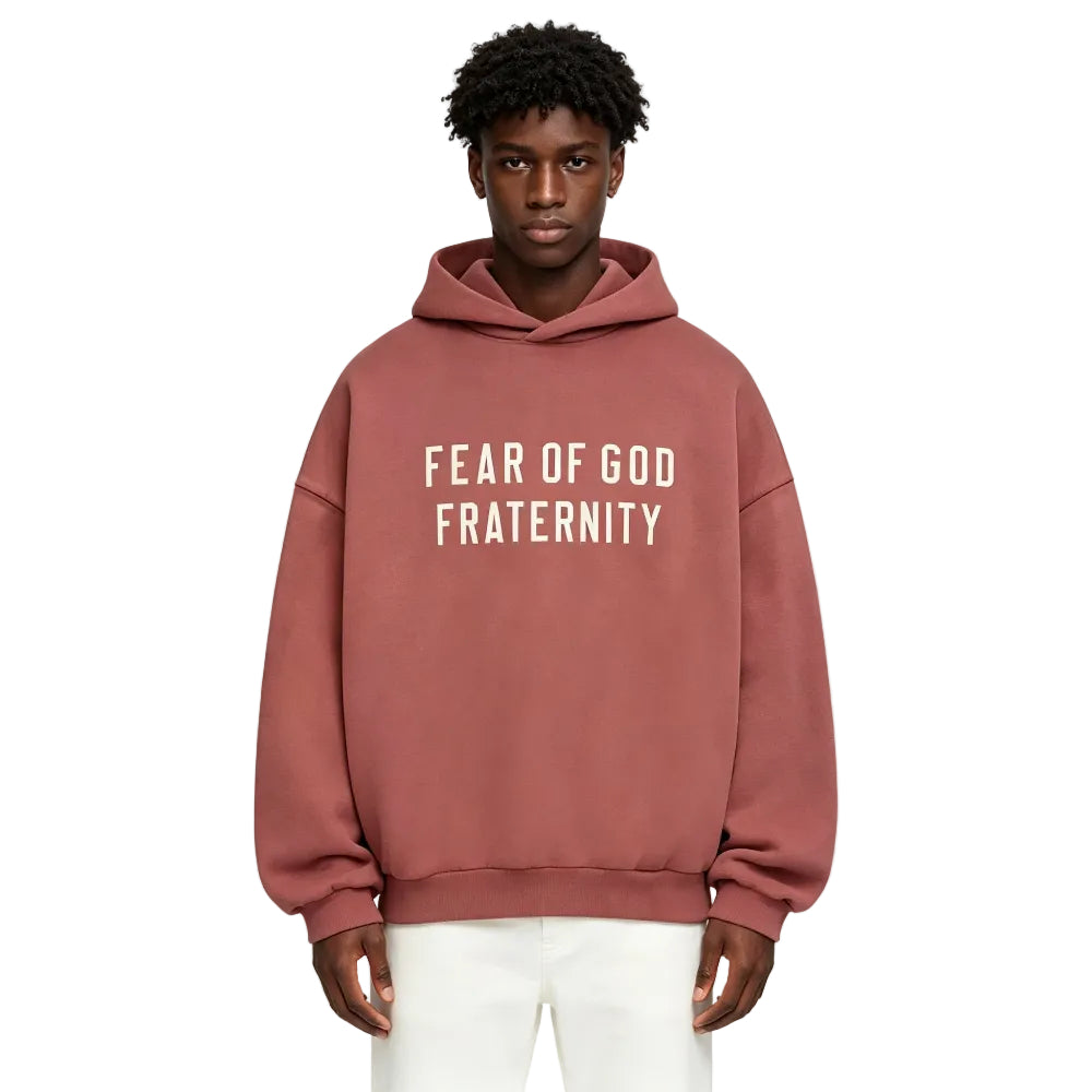 Fear of God Essentials Heavy Fleece Hoodie Crimson worn by model from the front