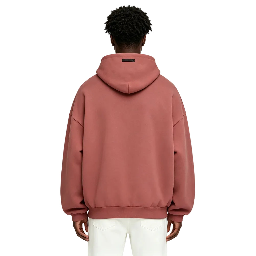 Fear of God Essentials Heavy Fleece Hoodie Crimson shown on model from the back