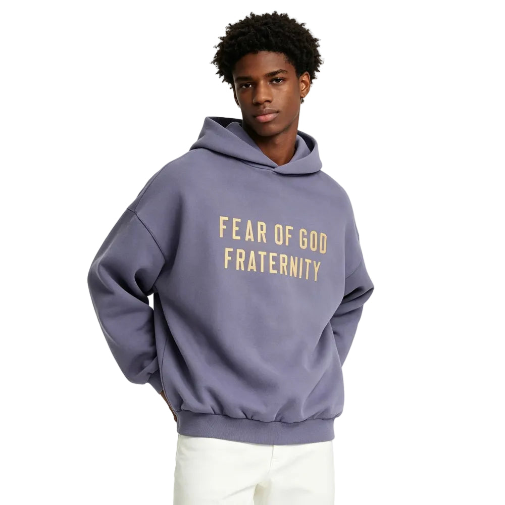 Fear of God Essentials Heavy Fleece Hoodie Lavender worn by model from the front