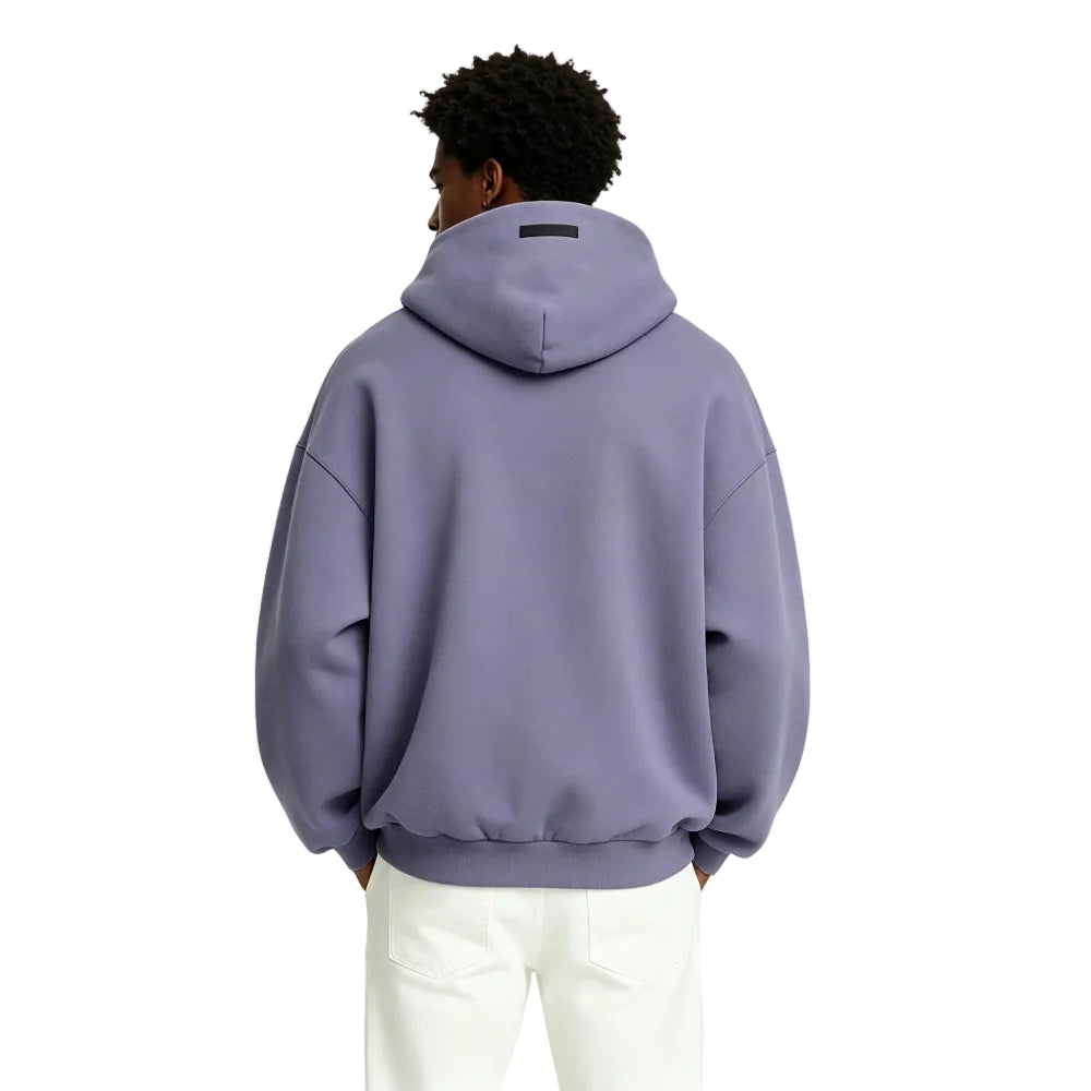 Fear of God Essentials Heavy Fleece Hoodie Lavender shown on model from the back