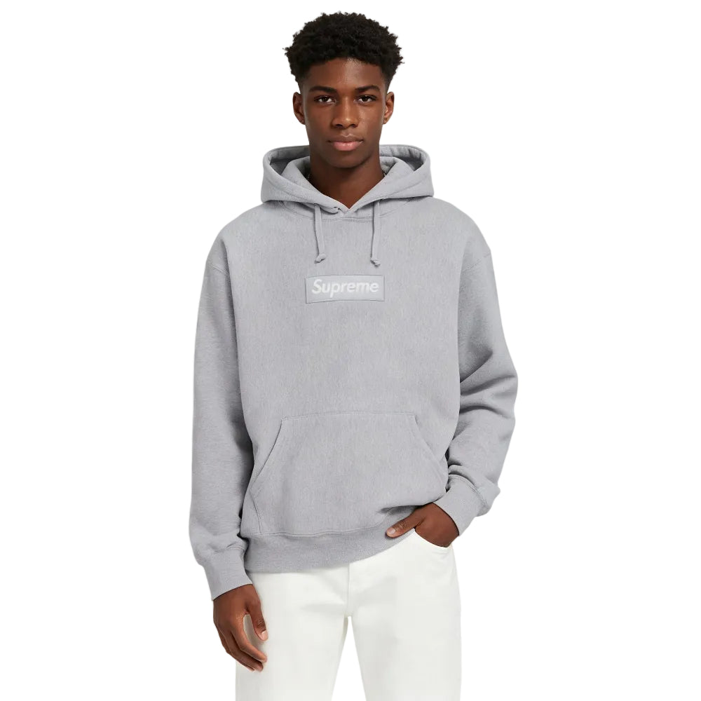 Supreme Box Logo Hooded Sweatshirt Sweatshirt FW24 Heather Grey worn by model from the front