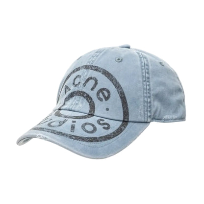Acne Studios Blue Printed Logo Cap product view with printed logo detail