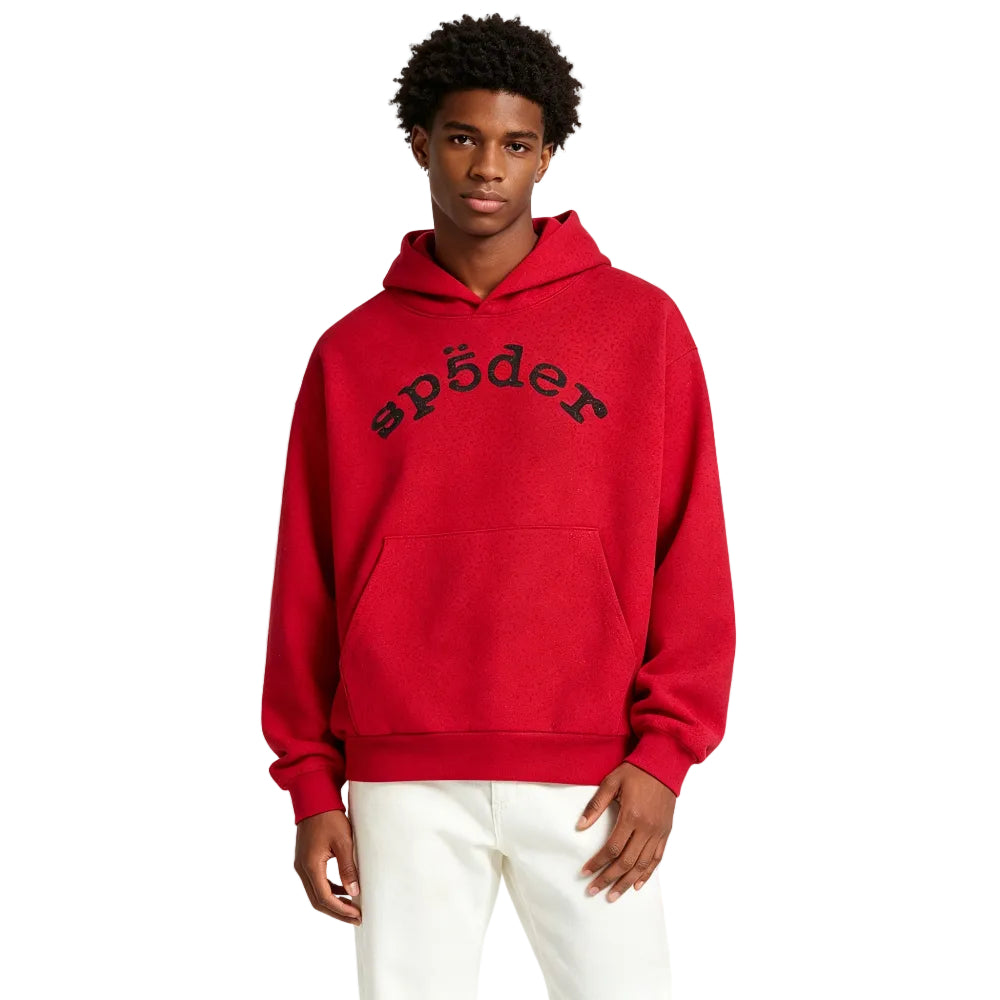 Sp5der VVS Hoodie Red worn by model from the front