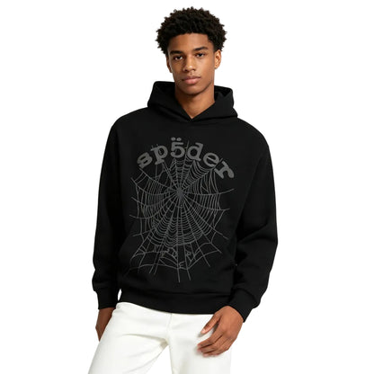 Sp5der Phantom Web Hoodie Black worn by model from the front with Phantom Web graphic