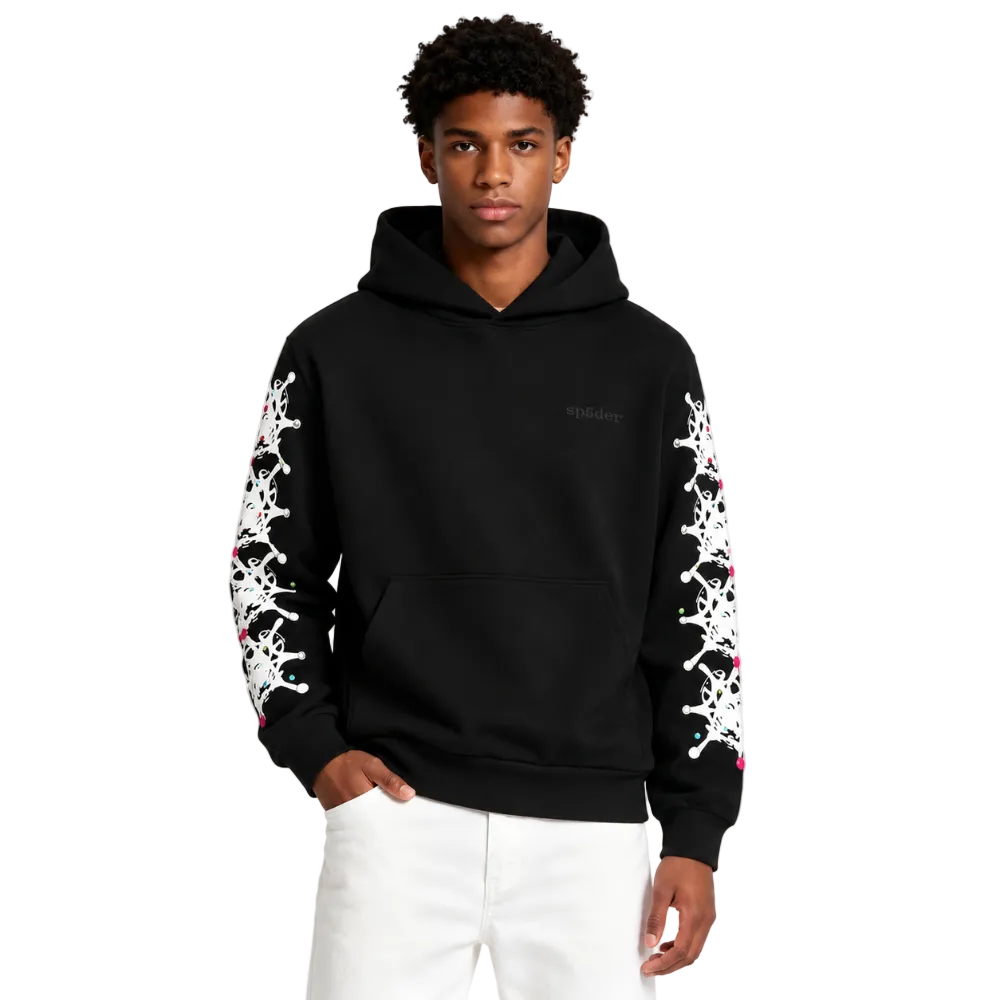 Sp5der Stone Hoodie Black worn by model from the front