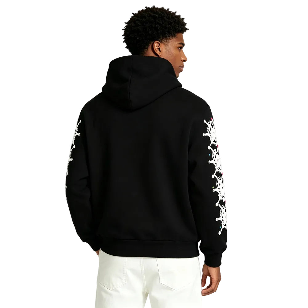 Sp5der Stone Hoodie Black shown on model from the back