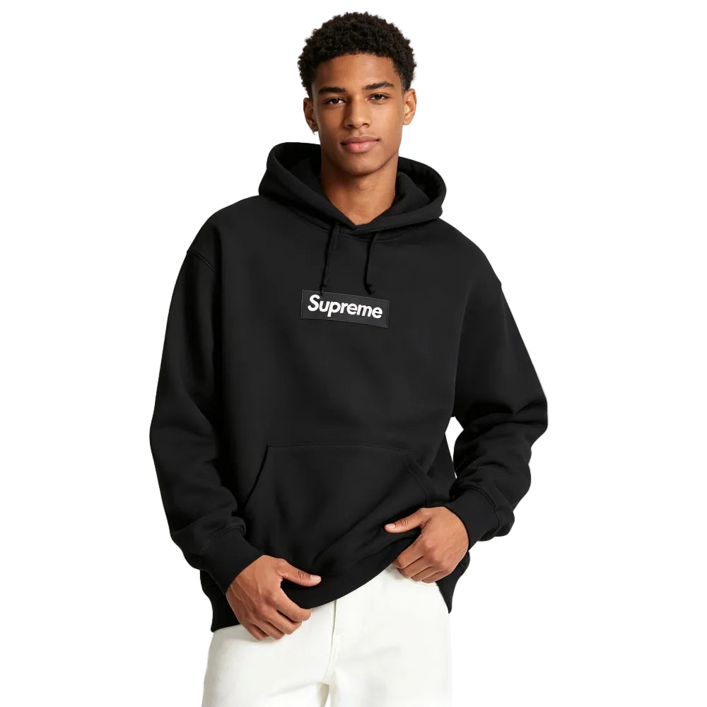Supreme Box Logo Hooded Sweatshirt FW24 Black worn by model from the front