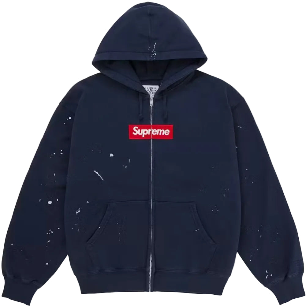 Supreme MM6 Maison Margiela Box Logo Zip Up Hooded Sweatshirt Navy from the front with Box Logo and paint splatter details