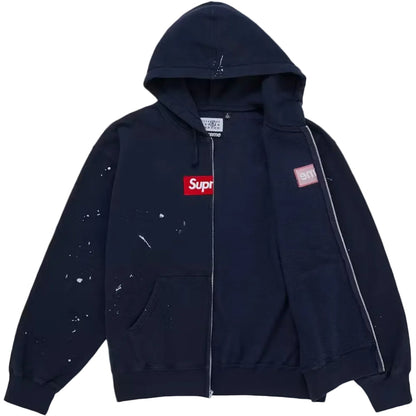 Supreme MM6 Maison Margiela Box Logo Zip Up Hooded Sweatshirt Navy from the front with Box Logo and paint splatter details