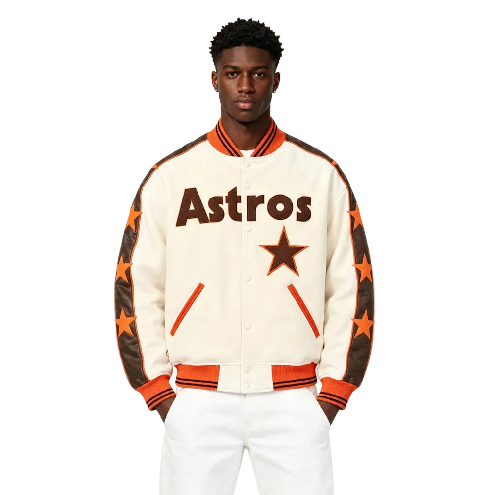 Supreme Mitchell & Ness Teams Varsity Jacket Natural worn by model from the front