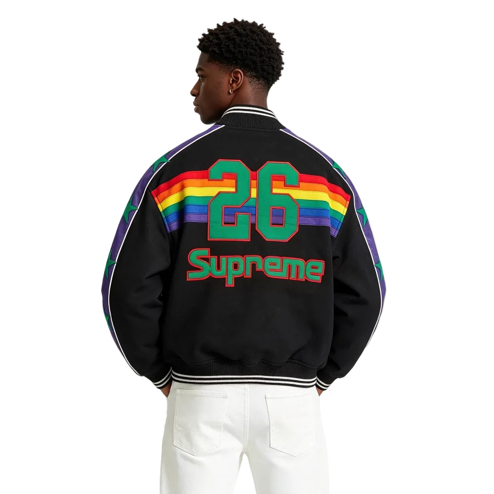 Supreme Mitchell & Ness Teams Varsity Jacket Black shown on model from the back