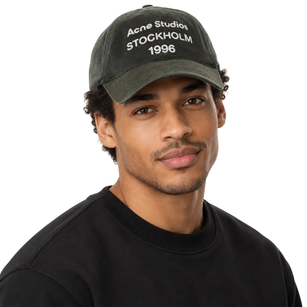 Acne Studios Logo Baseball Cap FW26 Faded Black worn by model with logo detail