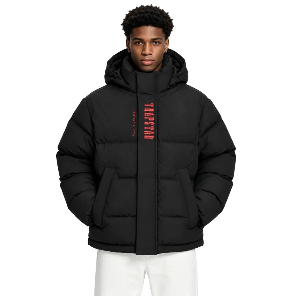 Trapstar Decoded Irongate Puffer 2.0 Black Infrared worn by model from the front
