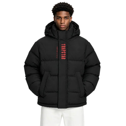 Trapstar Decoded Irongate Puffer 2.0 Black Infrared worn by model from the front