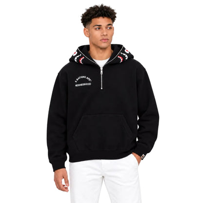 BAPE × Neighborhood Two Face Half Zip Pullover Hoodie Black worn by model from the front
