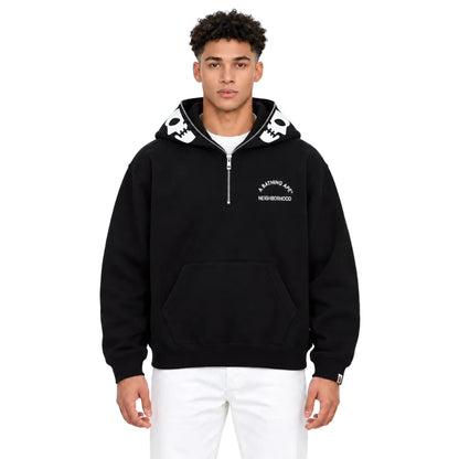 BAPE × Neighborhood Two Face Half Zip Pullover Hoodie Black worn by model from the front