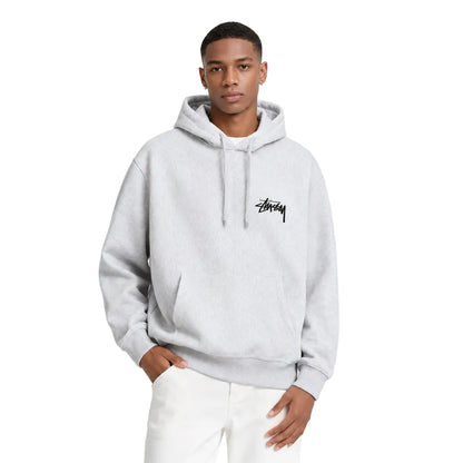 Stussy Cherries Hoodie Ash Heather worn by model from the front