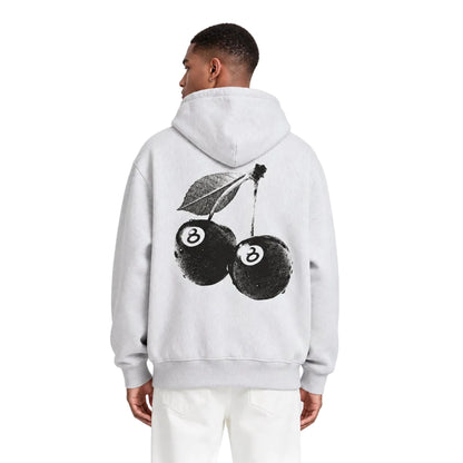 Stussy Cherries Hoodie Ash Heather shown on model from the back
