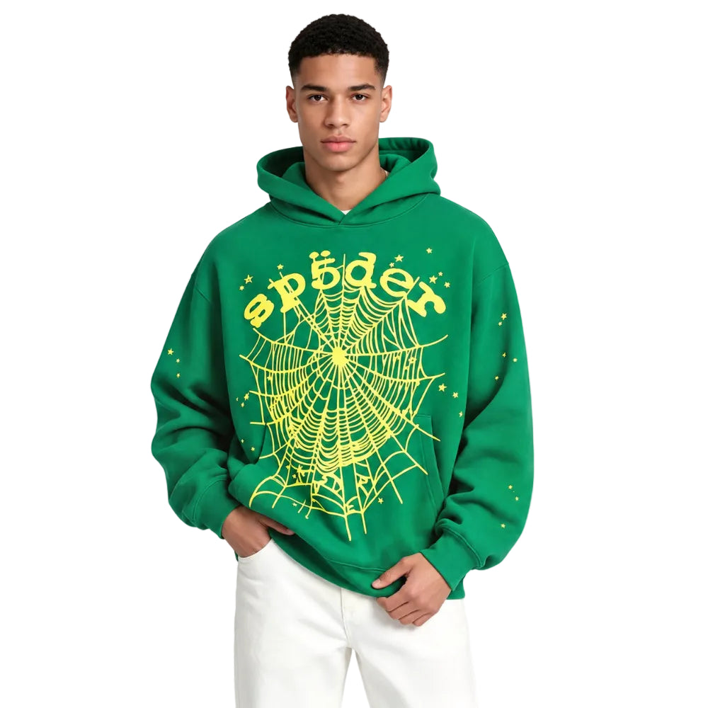 Sp5der Star OG Web V2 Hoodie Slime Green worn by model from the front