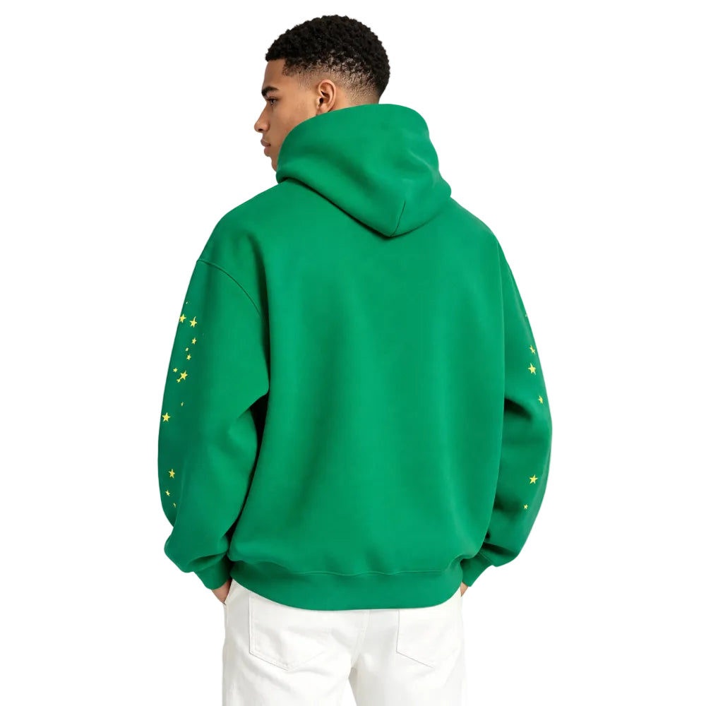 Sp5der Star OG Web V2 Hoodie Slime Green shown on model from the back