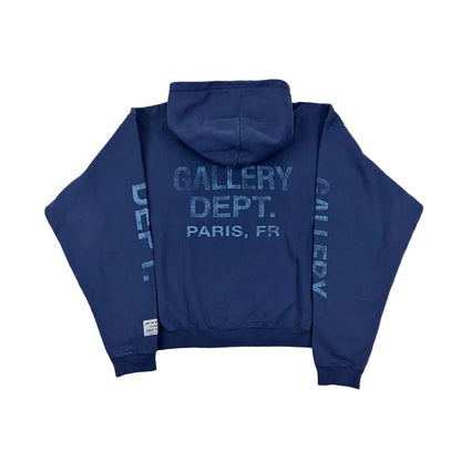 Gallery Dept. 90s Logo Zip Up Hoodie Navy – rear product view showing the hood, long sleeves and navy blue design