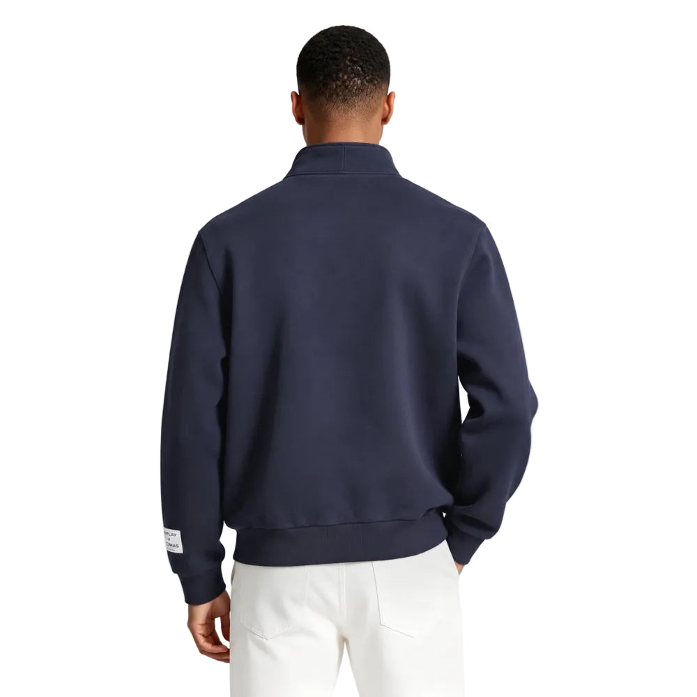 Gallery Dept. 1 4 Zip Pullover Navy worn by model – rear view displaying the navy pullover shape and sleeve detailing
