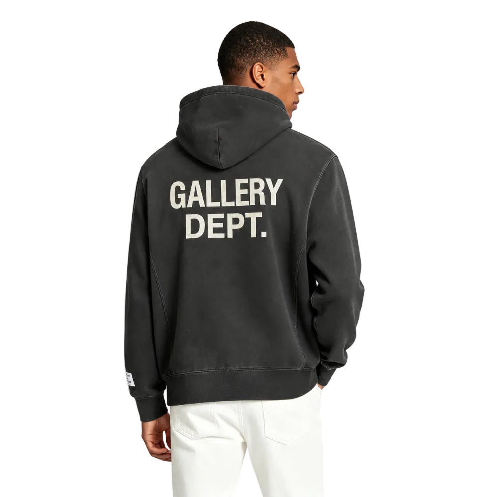 Gallery Dept. GD Paint Logo Hoodie Vintage Black worn by model – rear view displaying large GD graphic and vintage washed texture