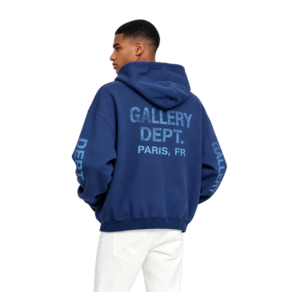 Gallery Dept. 90s Logo Zip Up Hoodie Navy on model – back view displaying the hood and relaxed silhouette