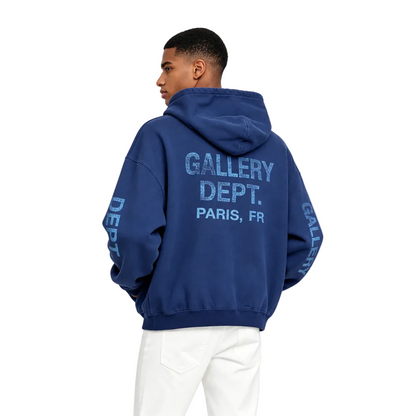 Gallery Dept. 90s Logo Zip Up Hoodie Navy on model – back view displaying the hood and relaxed silhouette