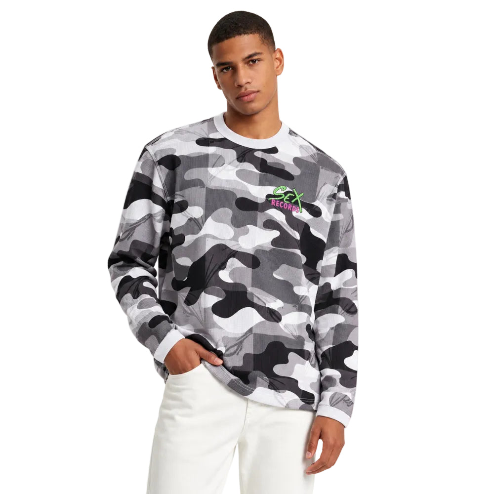 Model wearing Anti Promo Sex Records Thermal Sno Camo – front view highlighting the camouflage design and thermal shirt silhouette