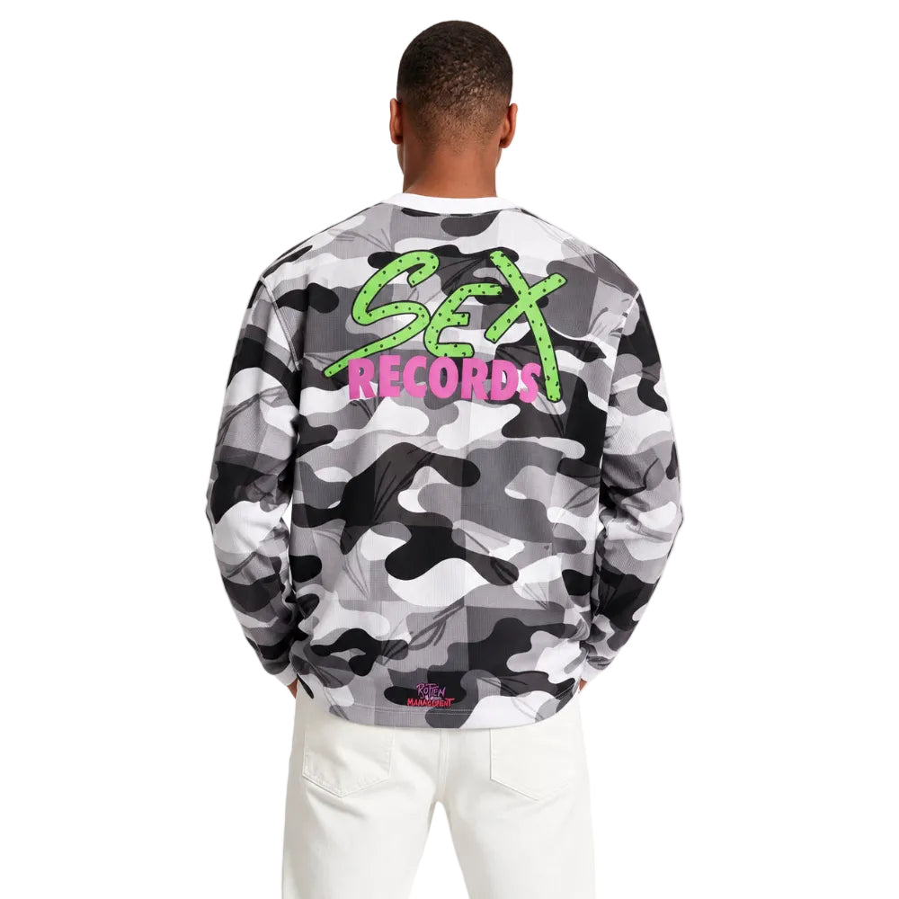 Anti Promo Sex Records Thermal Sno Camo worn by model – back view displaying the snow camouflage print and long sleeve shape