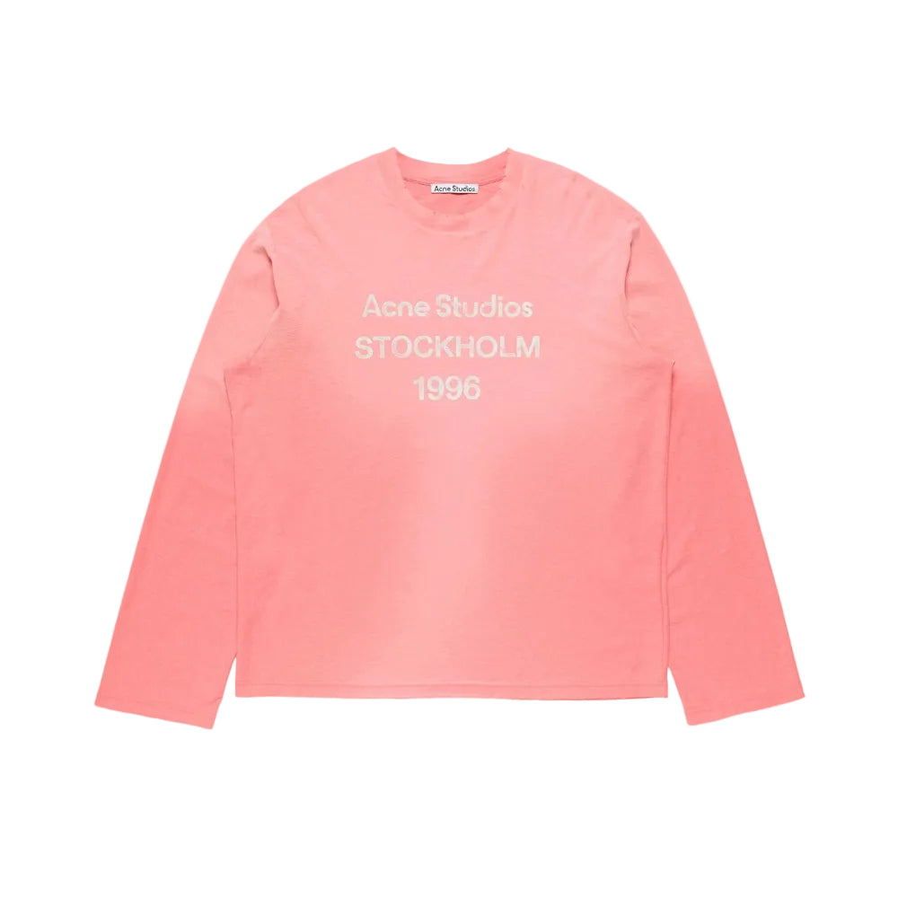 Acne Studios Sprayed 1996 Logo T Shirt Tango Pink – front view featuring 1996 chest logo, vintage pink spray effect and distressed crewneck