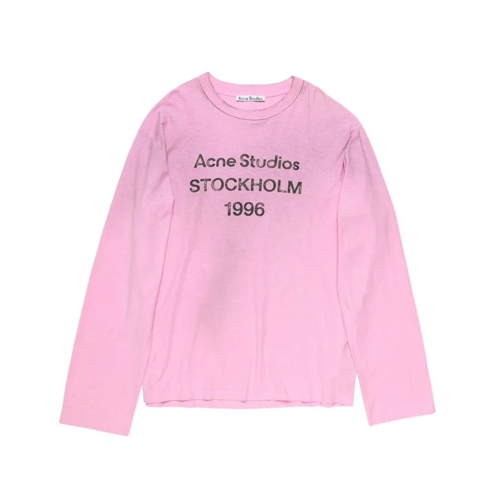 Acne Studios Sprayed 1996 Logo T Shirt Cotton Candy Pink – front view featuring Stockholm 1996 chest logo, soft pink spray finish and distressed neckline