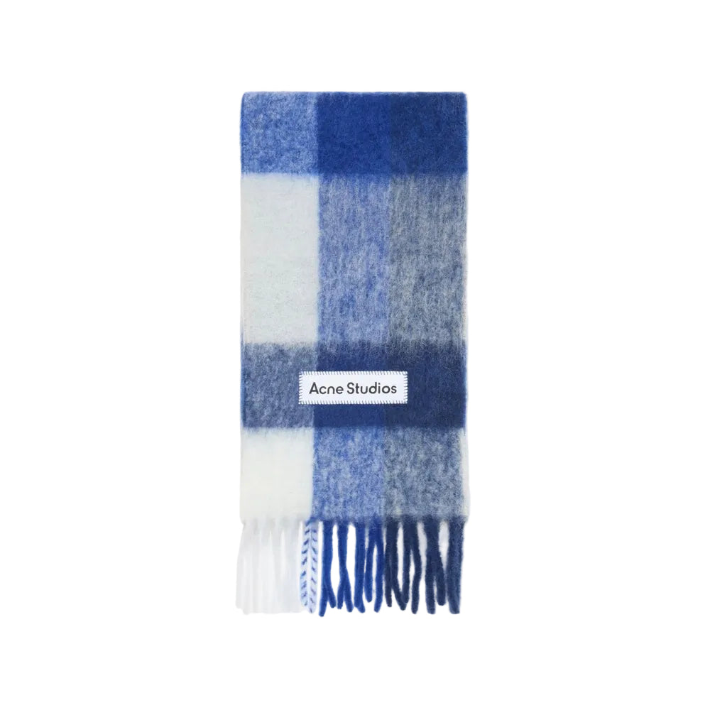Acne Studios Mohair Checked Scarf White Grey Royal Blue – front product view featuring multicolor plaid, fluffy mohair blend and fringed ends