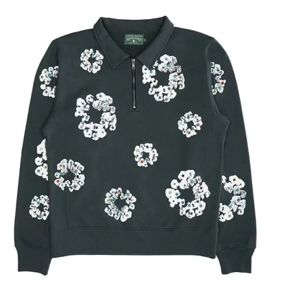 Denim Tears Rhinestone Wreath Half Zip Sweatshirt Black - AFV Clothes