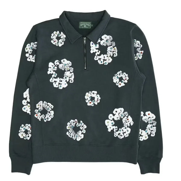 Denim Tears Rhinestone Wreath Half Zip Sweatshirt Black - AFV Clothes