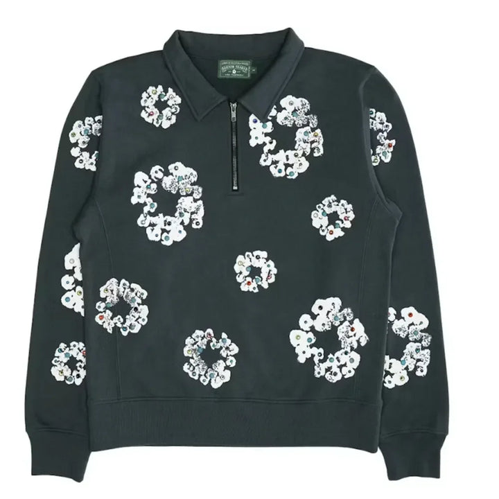 Denim Tears Rhinestone Wreath Half Zip Sweatshirt Black - AFV Clothes