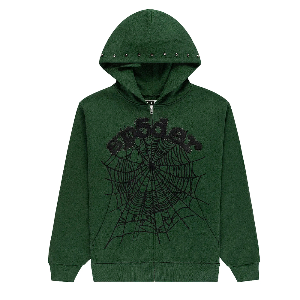 Sp5der Og Web Studded Zip Hoodie Green
