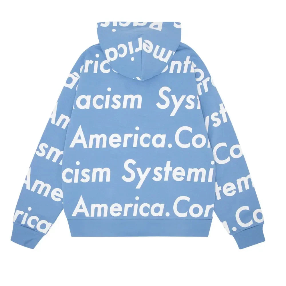 Denim Tears x Arthur Jafa Systemic Racism Controls America Zip Up Hoodie Dusty Blue - AFV Clothes
