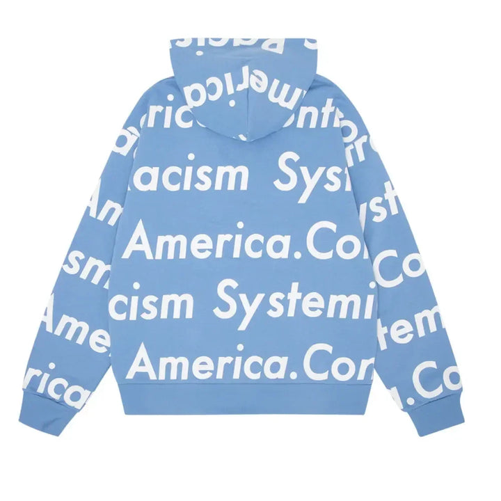 Denim Tears x Arthur Jafa Systemic Racism Controls America Zip Up Hoodie Dusty Blue - AFV Clothes