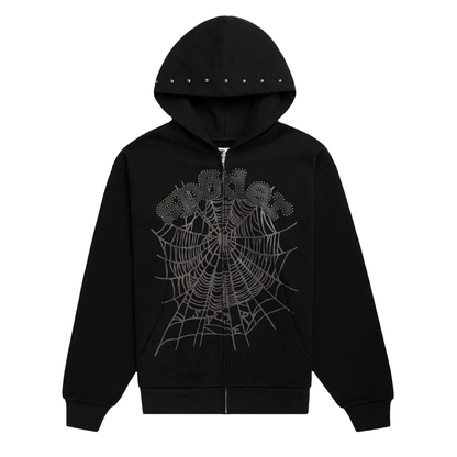 Sp5der OG Web Studded Zip Hoodie Black