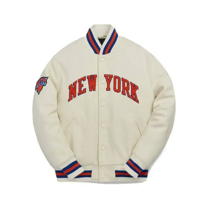Kith New York Knicks Varsity Jacket White - AFV Clothes