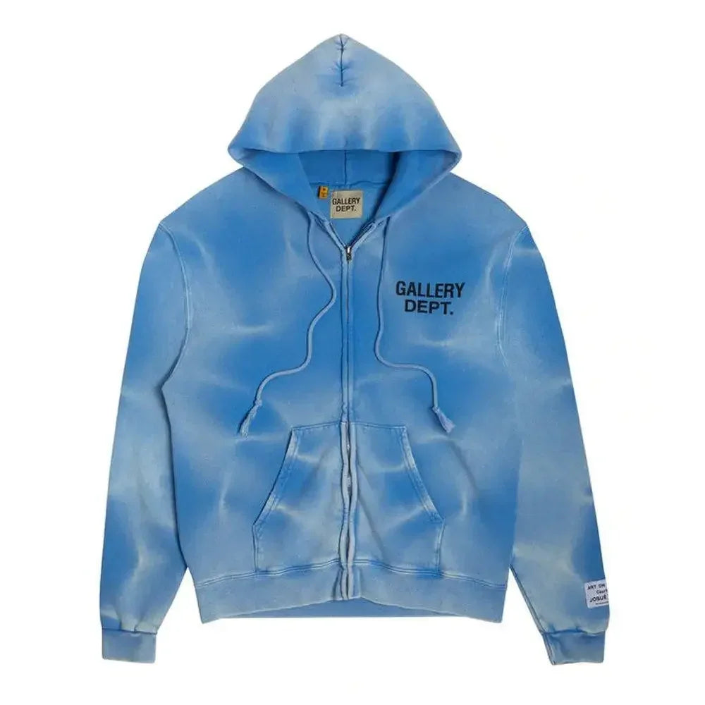 Gallery Dept. Sunfaded English Logo Zip Up Hoodie Blue - AFV Clothes