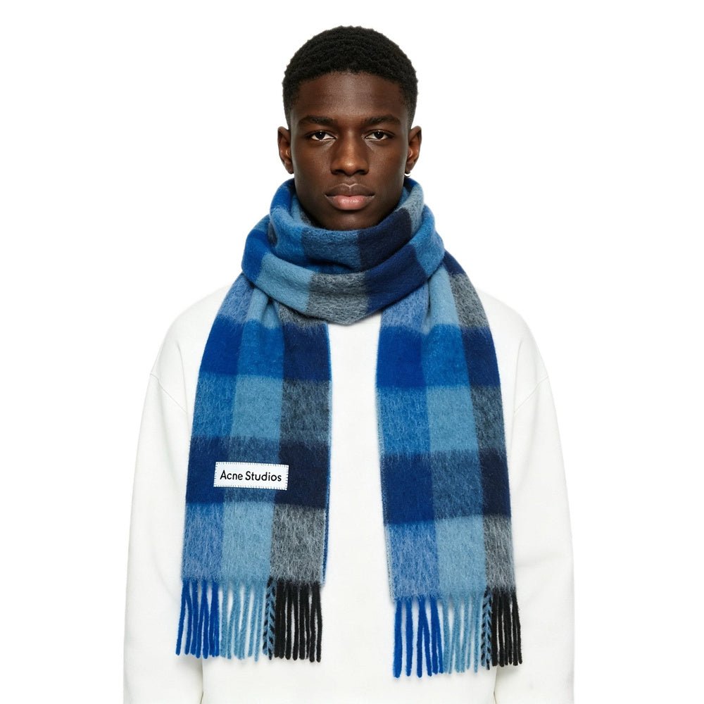 Acne Studios Mohair checked scarf Dark Navy Black Blue - AFewVibe