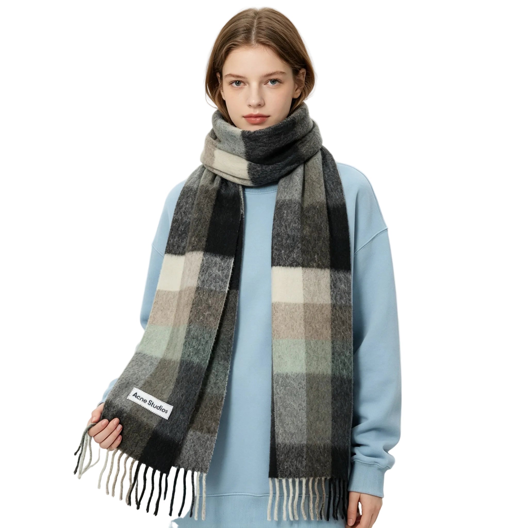 Acne Studios Mohair Checked Scarf Green Grey Black - AFewVibe