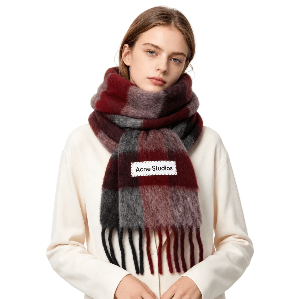 ACNE STUDIOS Red & Gray Check Fringe Scarf - AFewVibe