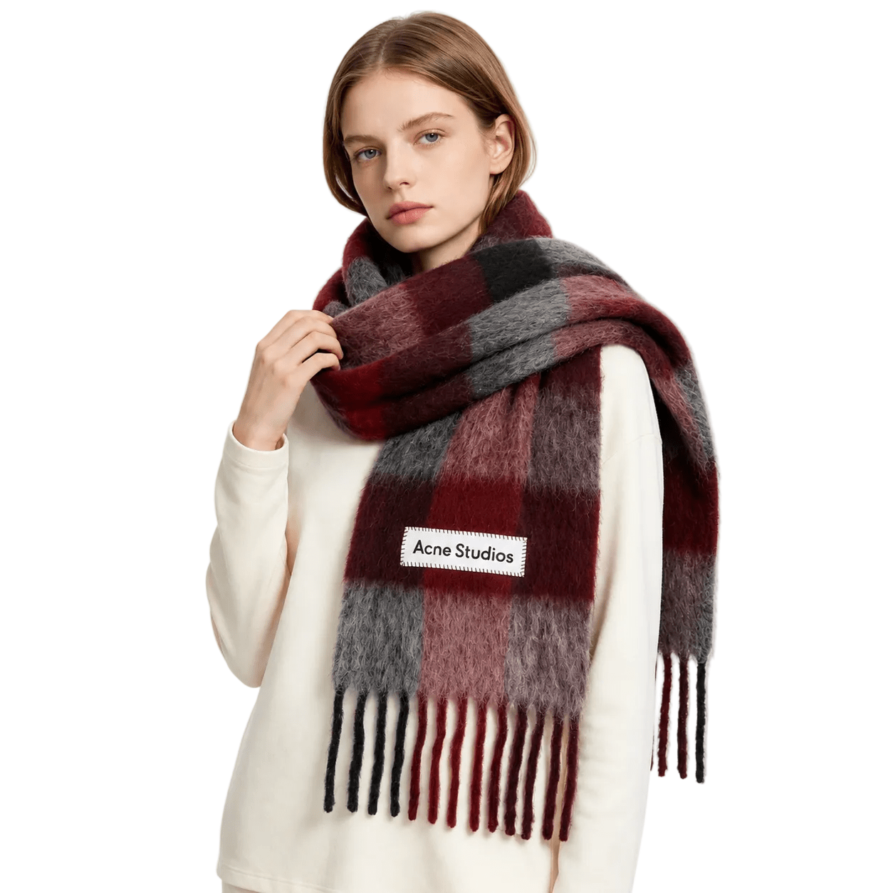 ACNE STUDIOS Red & Gray Check Fringe Scarf - AFewVibe