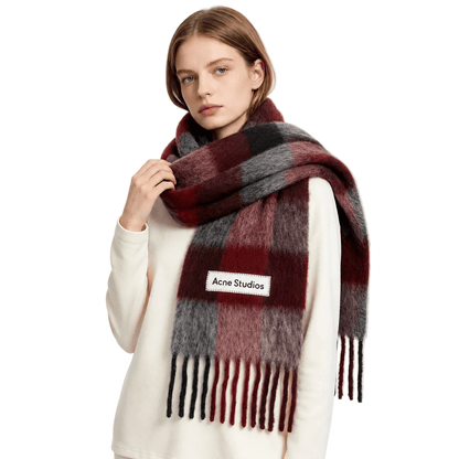 ACNE STUDIOS Red & Gray Check Fringe Scarf - AFewVibe
