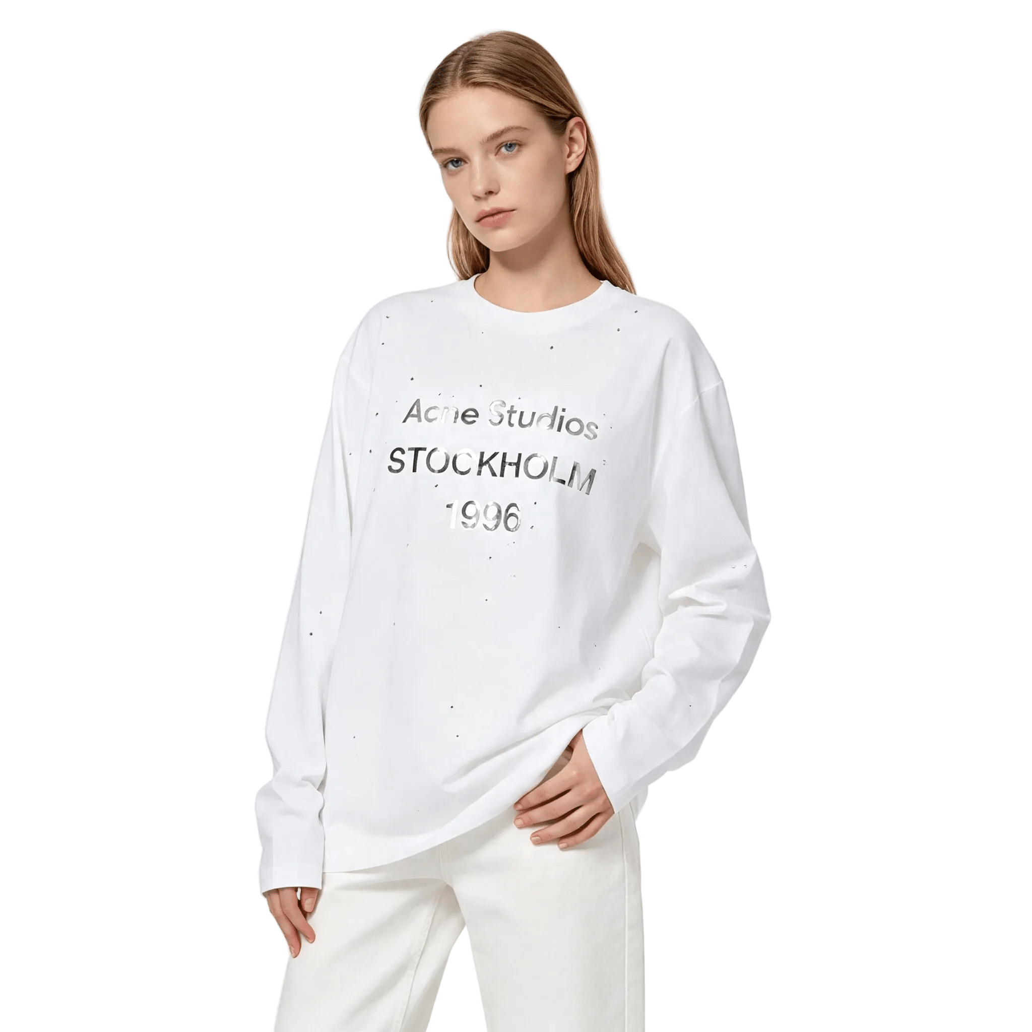 Acne Studios Rhinestone logo Long sleeve T-shirt Optic White - AFewVibe
